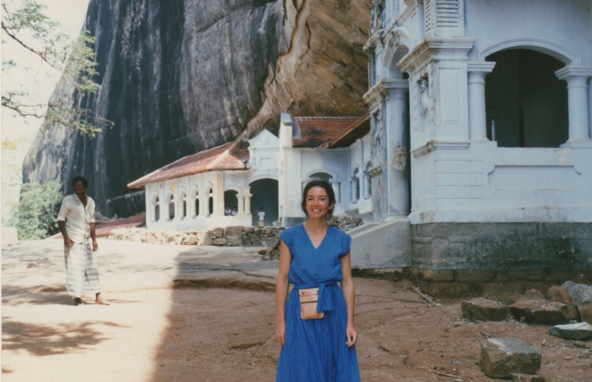 The blue silk dress and me at a temple